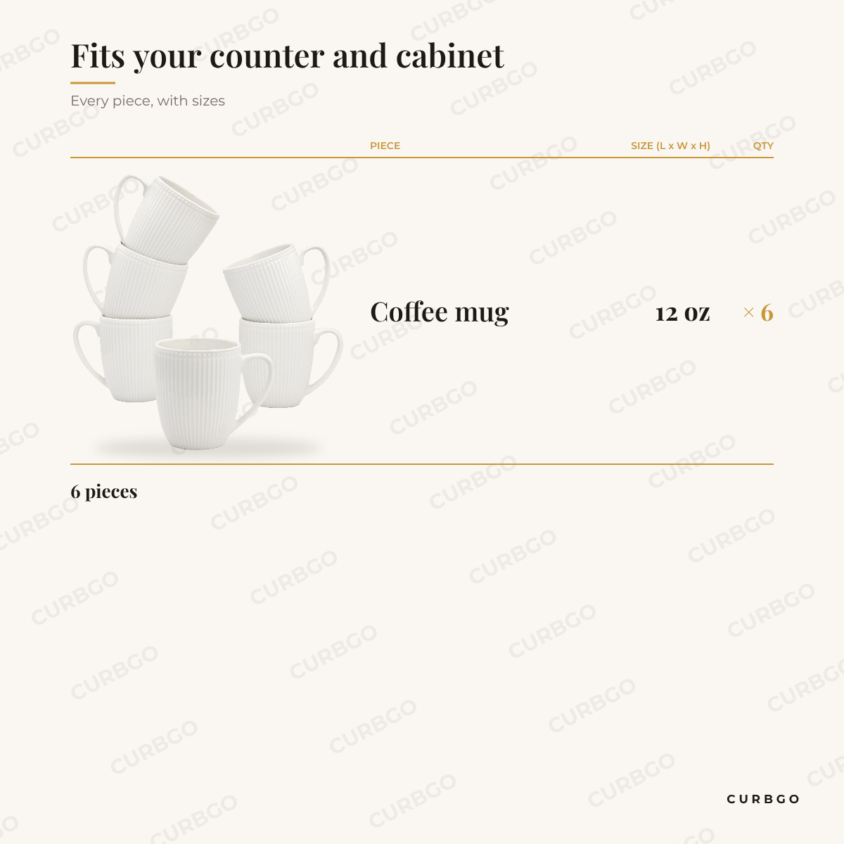 Elama Gretel mug set piece sizes: coffee mug 12 oz x6, 6 pieces