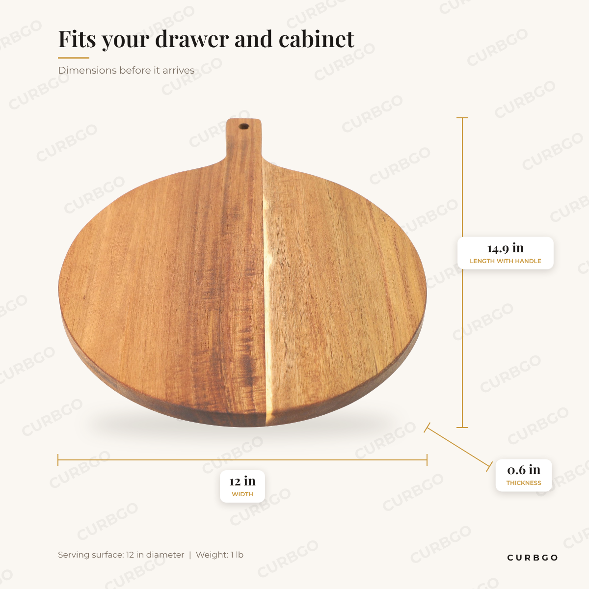 Elama Acacia Board dimensions: 14.9 in L x 12 in W x 0.6 in H