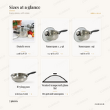 Gibson Home Lybra cookware set piece sizes: dutch oven 4 qt (3.8 L), saucepan 1.4 qt (1.3 L), saucepan 1 qt (0.9 L), frying pan 9 in (22.8 cm), vented tempered glass lid x3, 7 pieces