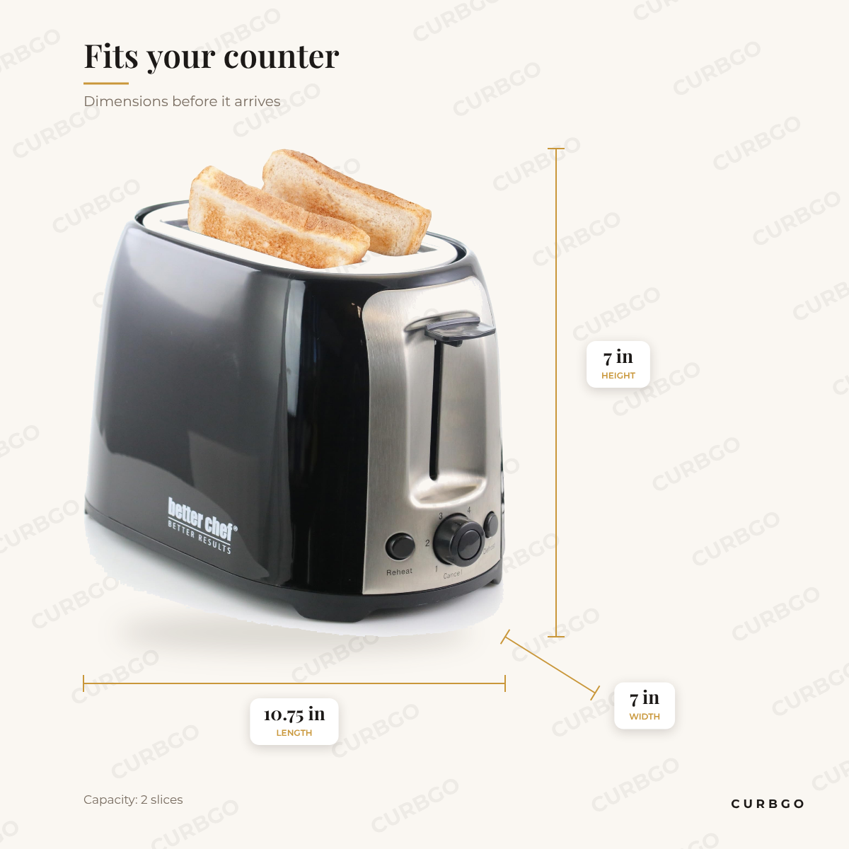 Better Chef Wide Toaster dimensions: 10.75 in L x 7 in W x 7 in H