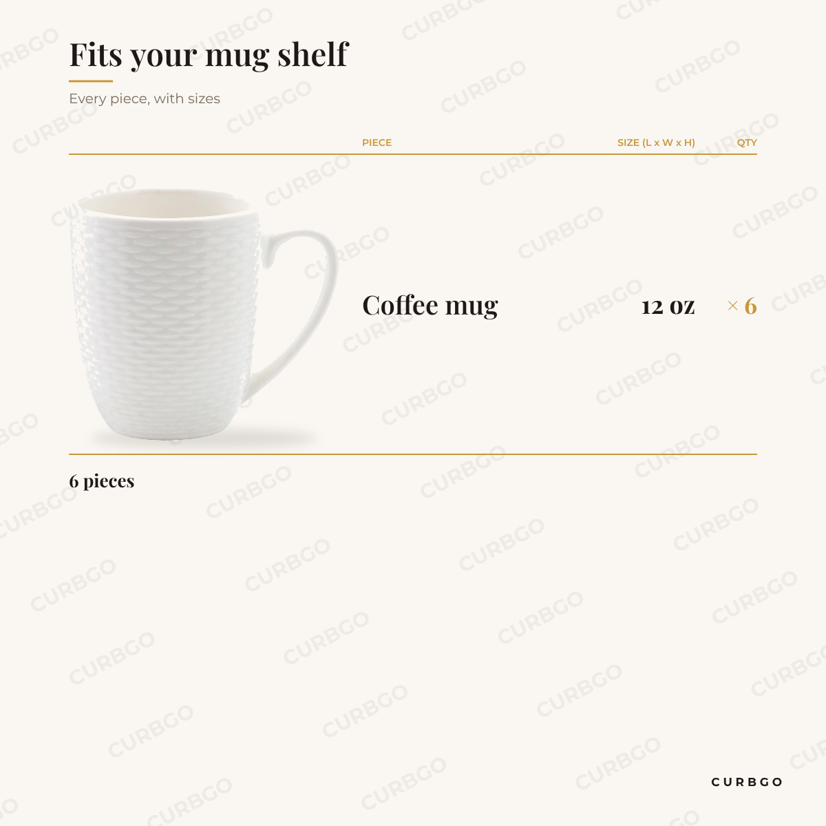 Elama Ophelia mug set piece sizes: coffee mug 12 oz x6, 6 pieces