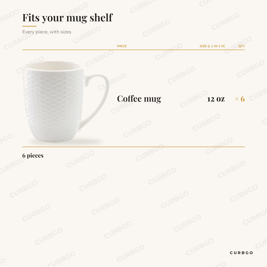 Elama Ophelia mug set piece sizes: coffee mug 12 oz x6, 6 pieces