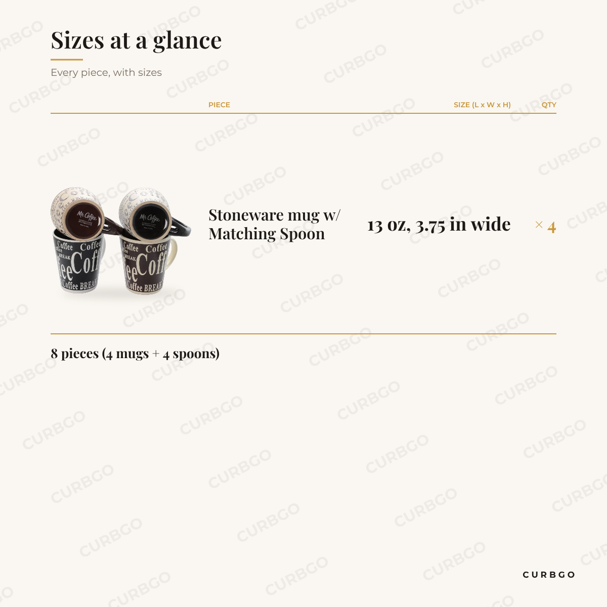 Mr. Coffee Bareggio Mugs piece sizes: stoneware mug w/ matching spoon 13 oz, 3.75 in wide x4, 8 pieces (4 mugs + 4 spoons)
