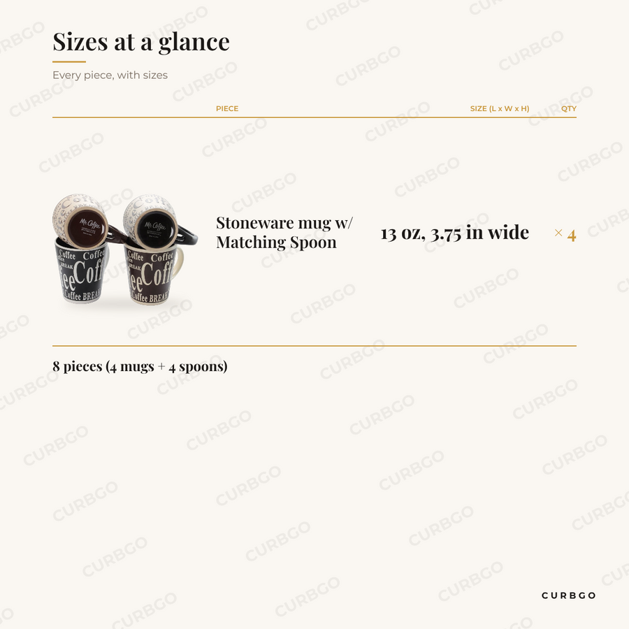 Mr. Coffee Bareggio Mugs piece sizes: stoneware mug w/ matching spoon 13 oz, 3.75 in wide x4, 8 pieces (4 mugs + 4 spoons)