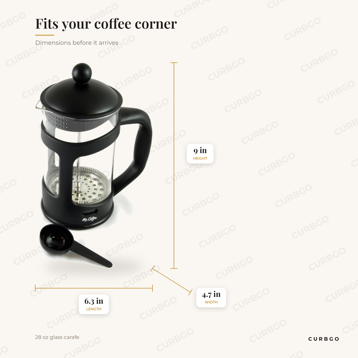 Mr. Coffee French Press dimensions: 6.3 in length, 9 in height, 4.7 in width