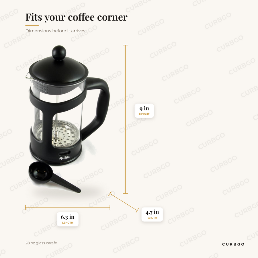 Mr. Coffee French Press dimensions: 6.3 in length, 9 in height, 4.7 in width