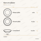 Terranea Dinnerware Set piece sizes: dinner plate 11 in x4, dessert plate 8.5 in x4, cereal bowl 6.75 in x4, 12 pieces