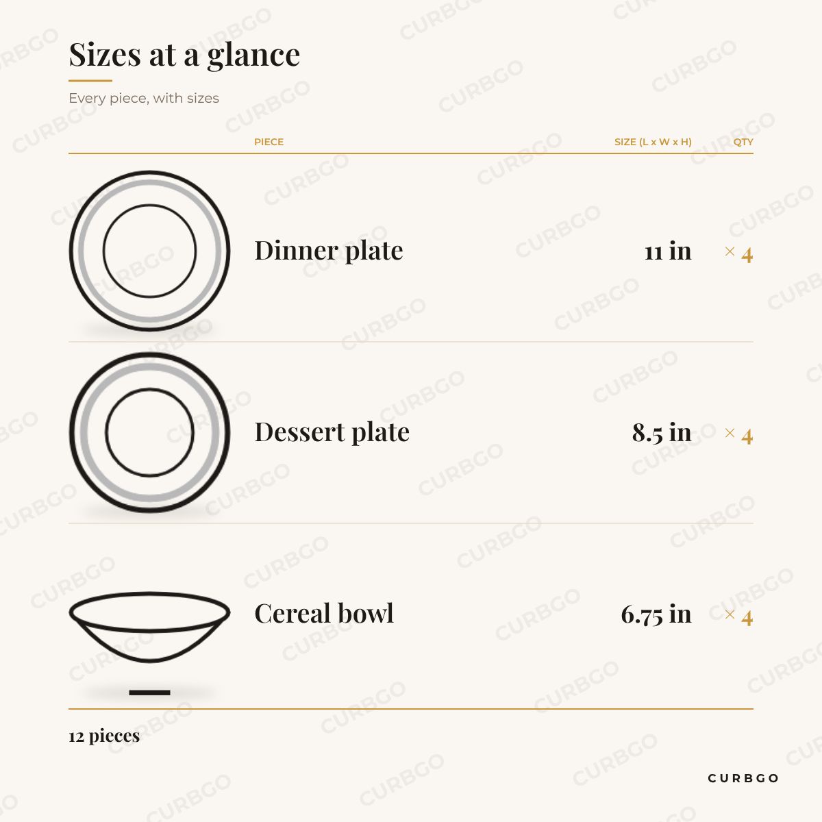 Terranea Dinnerware Set piece sizes: dinner plate 11 in x4, dessert plate 8.5 in x4, cereal bowl 6.75 in x4, 12 pieces