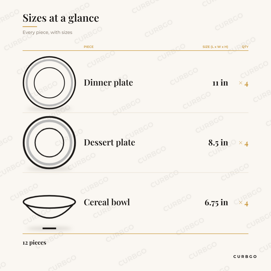 Terranea Dinnerware Set piece sizes: dinner plate 11 in x4, dessert plate 8.5 in x4, cereal bowl 6.75 in x4, 12 pieces