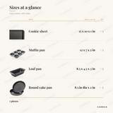 Gibson Home Bakeware Set piece sizes: cookie sheet 15 x 10 x 1 in x1, muffin pan 12 x 7 x 2 in x1, loaf pan 8.5 x 4.5 x 3 in x1, round cake pan 8.5 in dia x 2 in x2, 5 pieces