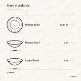 Dreamweaver Dinnerware Set piece sizes: dinner plate 10.75 in x4, dinner bowl 9 in x4, cereal bowl 6 in x4, 12 pieces