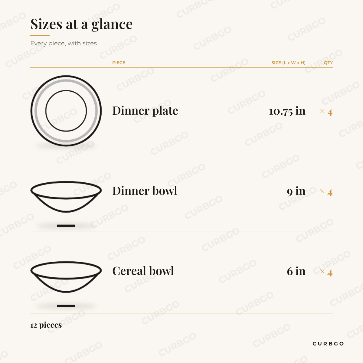 Dreamweaver Dinnerware Set piece sizes: dinner plate 10.75 in x4, dinner bowl 9 in x4, cereal bowl 6 in x4, 12 pieces