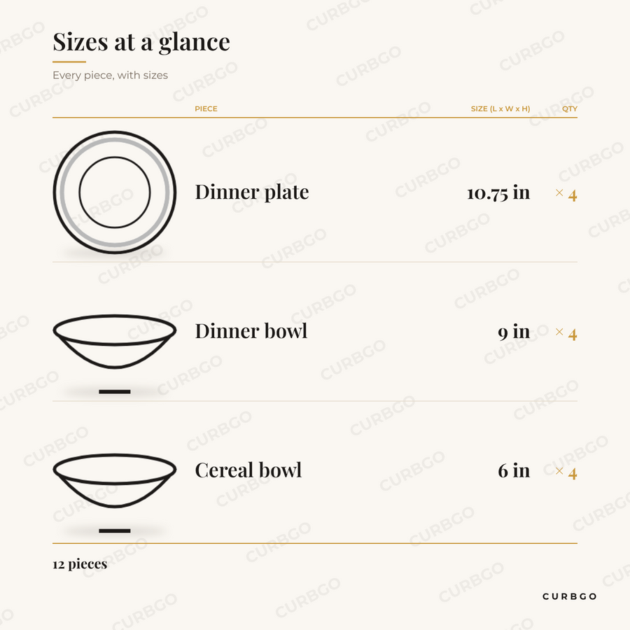 Dreamweaver Dinnerware Set piece sizes: dinner plate 10.75 in x4, dinner bowl 9 in x4, cereal bowl 6 in x4, 12 pieces