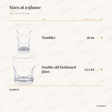 Lattice Glassware Set piece sizes: tumbler 16 oz x8, double old fashioned glass 13.5 oz x8, 16 pieces