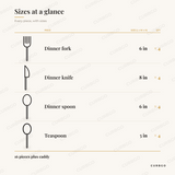 Sensations II Flatware Set piece sizes: dinner fork 6 in x4, dinner knife 8 in x4, dinner spoon 6 in x4, teaspoon 5 in x4, 16 pieces plus caddy