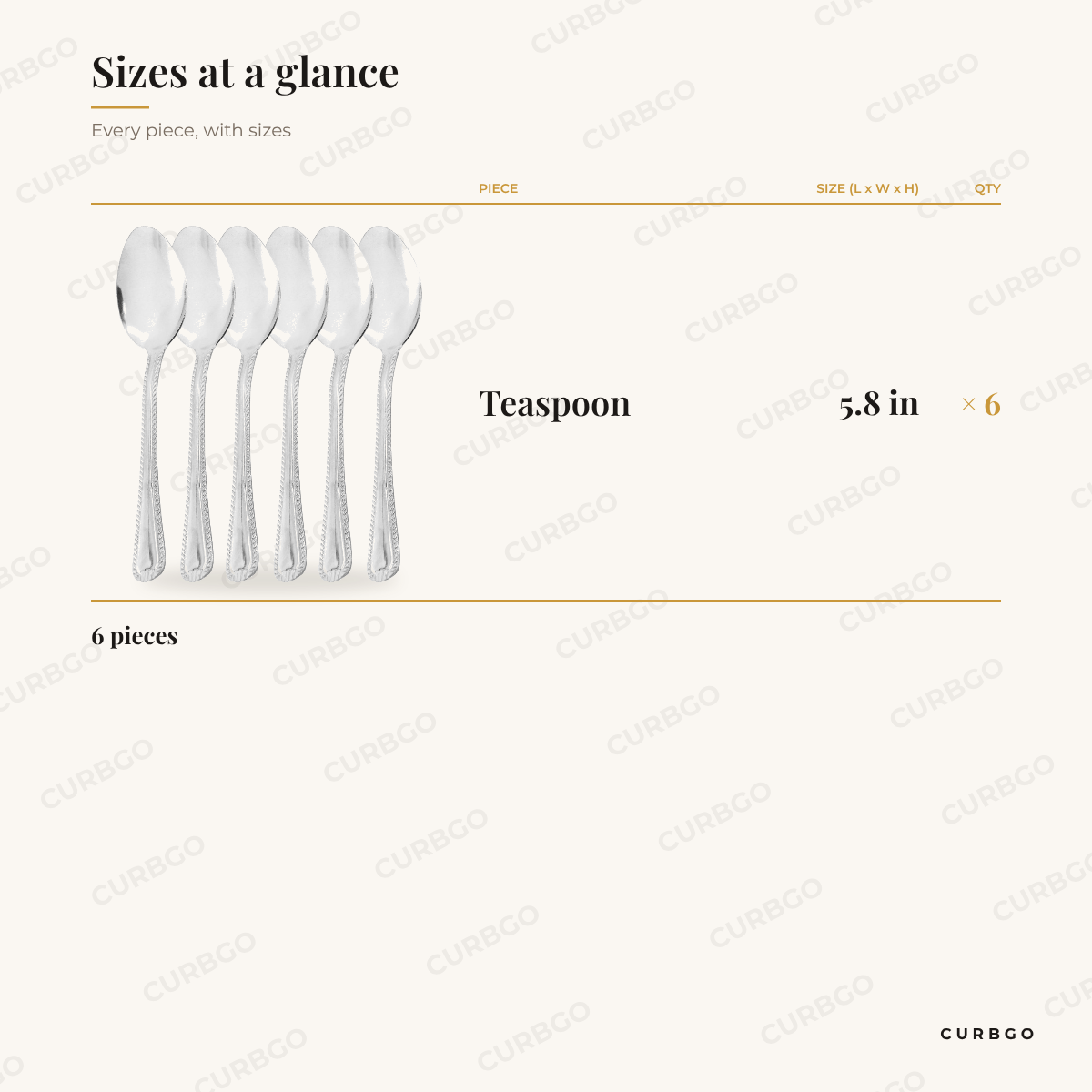 Tustin Teaspoon Set piece sizes: teaspoon 5.8 in x6, 6 pieces