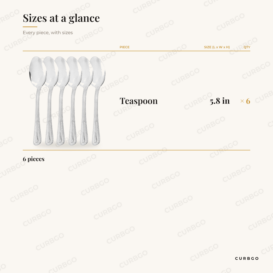 Tustin Teaspoon Set piece sizes: teaspoon 5.8 in x6, 6 pieces