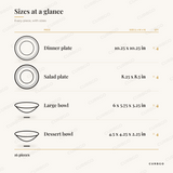 Downtown Loft Dinnerware Set piece sizes: dinner plate 10.25 x 10.25 in x4, salad plate 8.25 x 8.5 in x4, large bowl 6 x 5.75 x 3.25 in x4, dessert bowl 4.5 x 4.25 x 2.25 in x4, 16 pieces