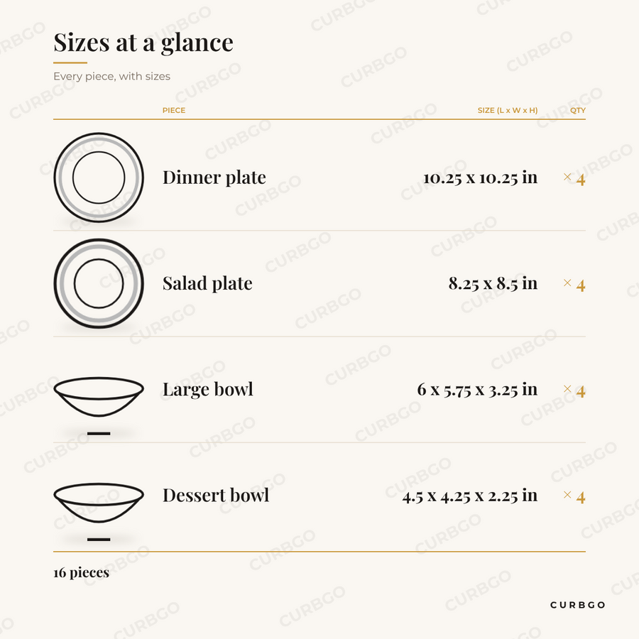 Downtown Loft Dinnerware Set piece sizes: dinner plate 10.25 x 10.25 in x4, salad plate 8.25 x 8.5 in x4, large bowl 6 x 5.75 x 3.25 in x4, dessert bowl 4.5 x 4.25 x 2.25 in x4, 16 pieces