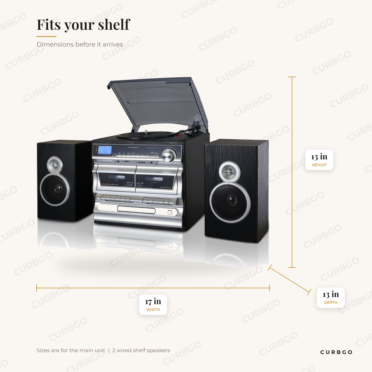 Trexonic Turntable System dimensions: 17 in width, 13 in height, 13 in depth