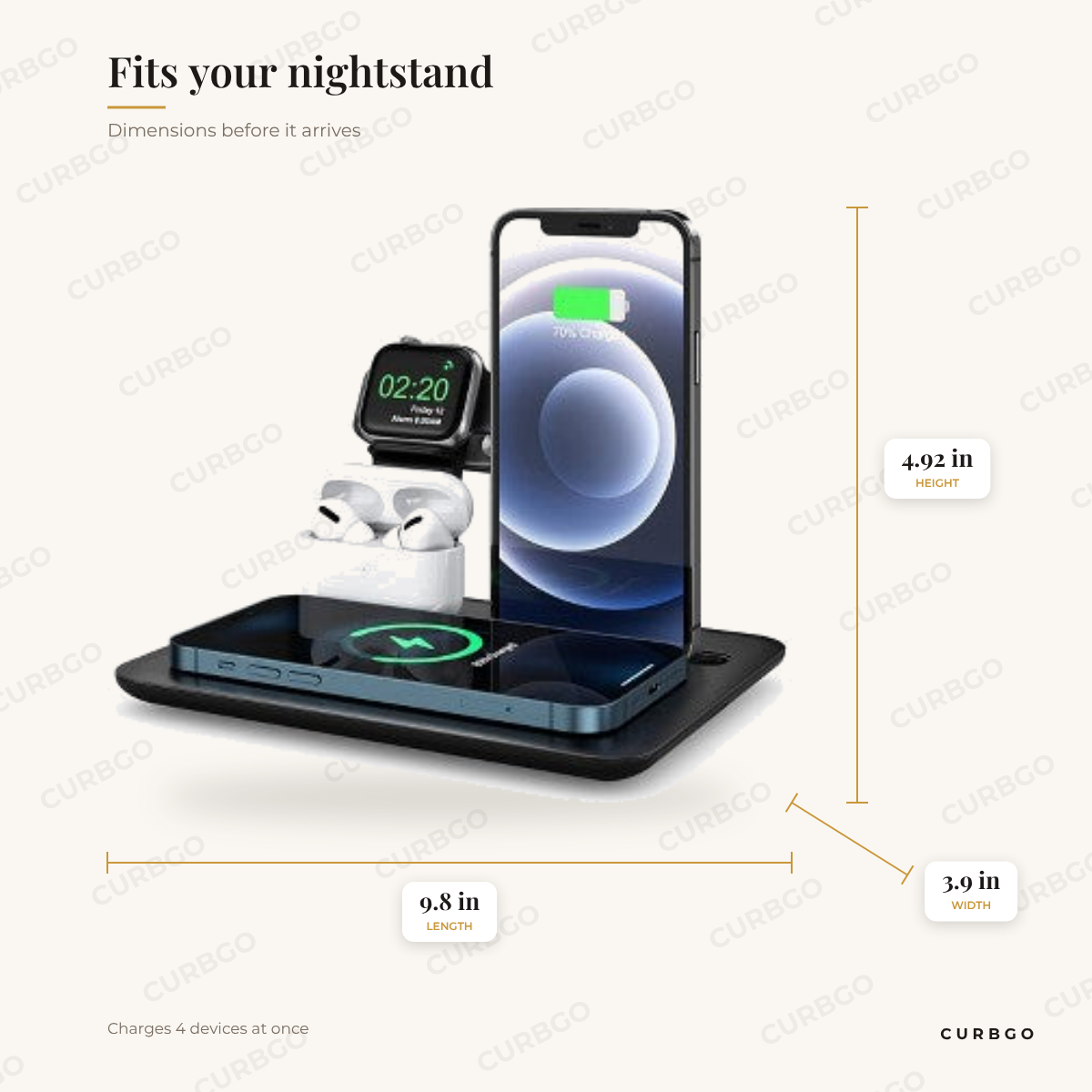 Trexonic Apple Charging Station dimensions: 9.8 in length, 4.92 in height, 3.9 in width