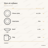 Fine Marble Dinnerware Set piece sizes: dinner plate 10.75 in x4, salad plate 8 in x4, bowl 5.5 in x4, mug 12 oz x4, 16 pieces