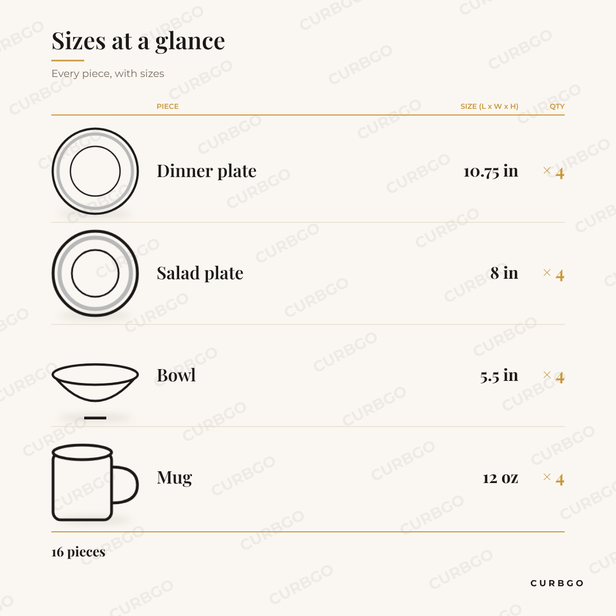 Fine Marble Dinnerware Set piece sizes: dinner plate 10.75 in x4, salad plate 8 in x4, bowl 5.5 in x4, mug 12 oz x4, 16 pieces