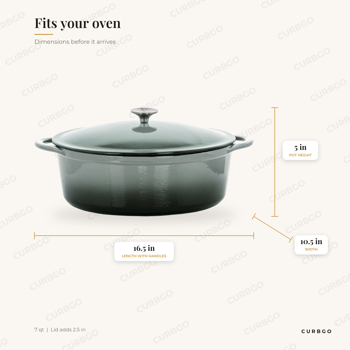 MegaChef Oval Casserole dimensions: 16.5 in length with handles, 5 in pot height, 10.5 in width