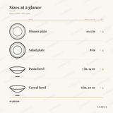 Camellia Dinnerware Set piece sizes: dinner plate 10.5 in x4, salad plate 8 in x4, pasta bowl 7 in, 14 oz x4, cereal bowl 6 in, 20 oz x4, 16 pieces