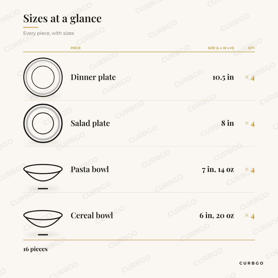Camellia Dinnerware Set piece sizes: dinner plate 10.5 in x4, salad plate 8 in x4, pasta bowl 7 in, 14 oz x4, cereal bowl 6 in, 20 oz x4, 16 pieces