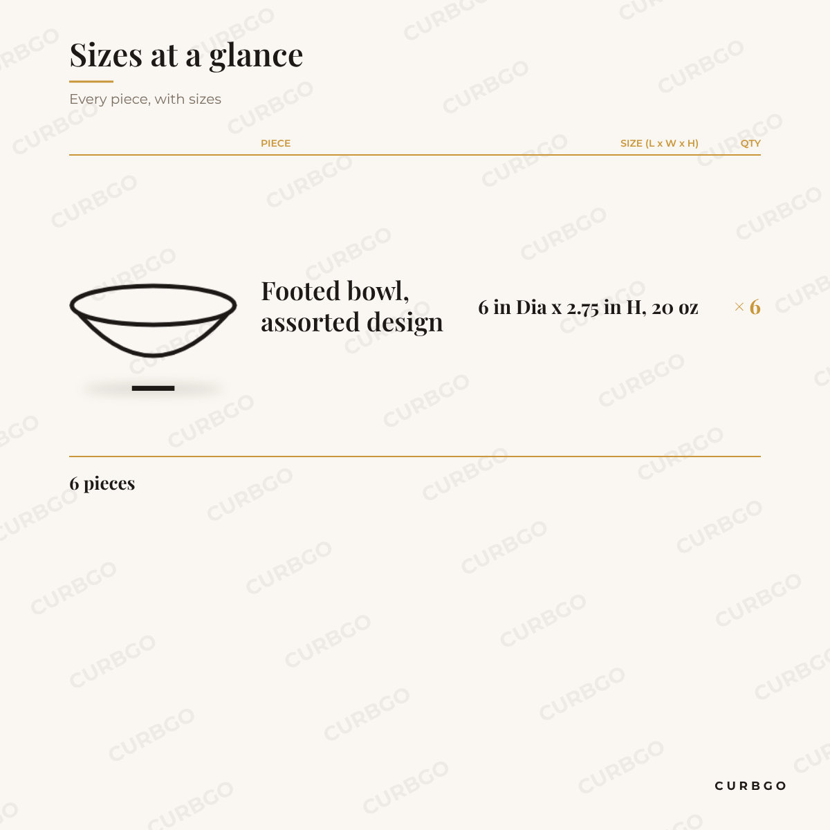Moxy Footed Bowl Set piece sizes: footed bowl, assorted design 6 in Dia x 2.75 in H, 20 oz x6, 6 pieces