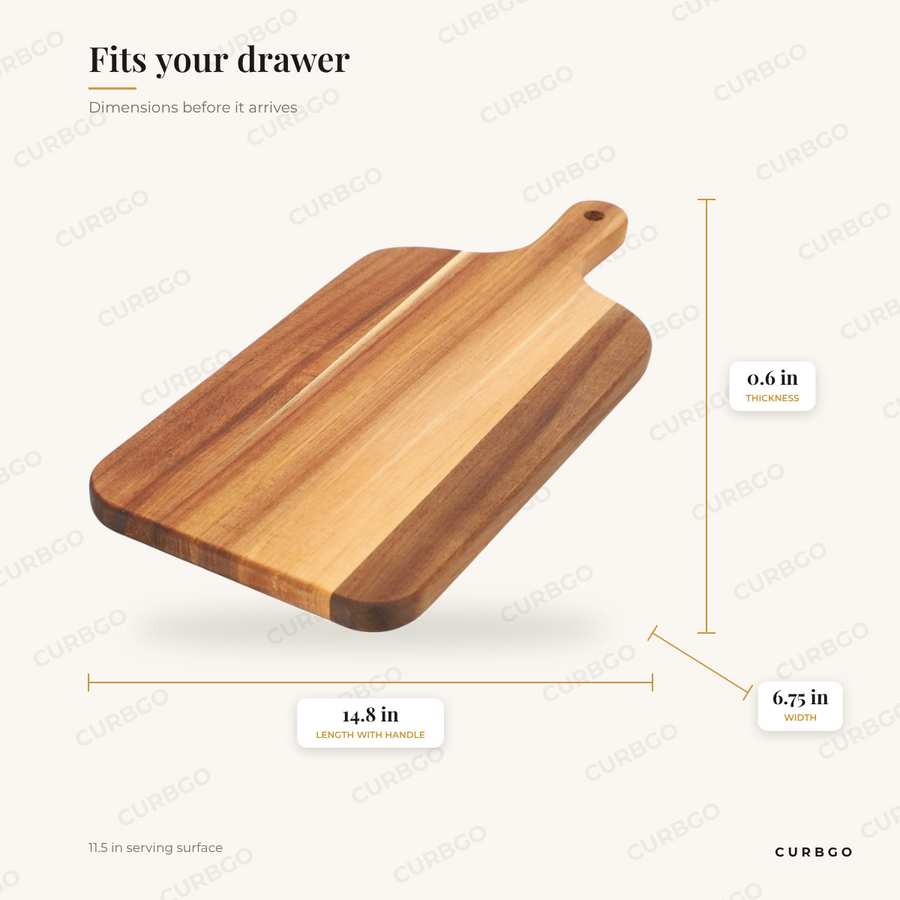 Acacia Charcuterie Board dimensions: 14.8 in length with handle, 0.6 in thickness, 6.75 in width