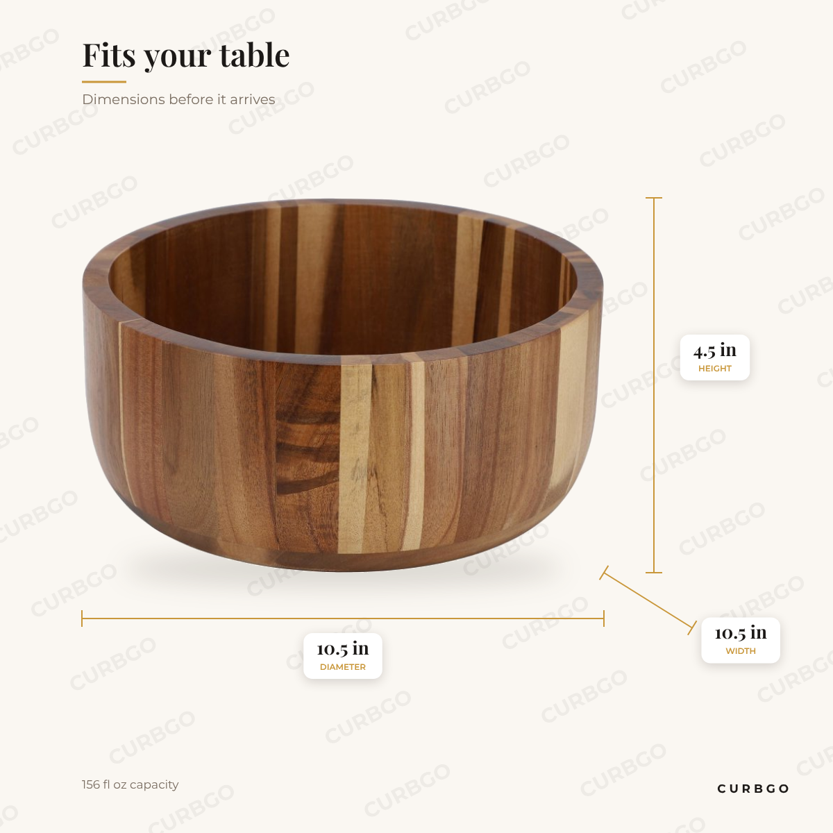 Acacia Salad Bowl dimensions: 10.5 in diameter, 4.5 in height, 10.5 in width