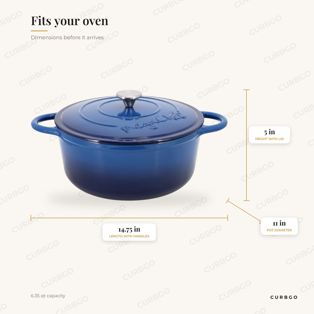 MegaChef Dutch Oven dimensions: 14.75 in length with handles, 5 in height with lid, 11 in pot diameter