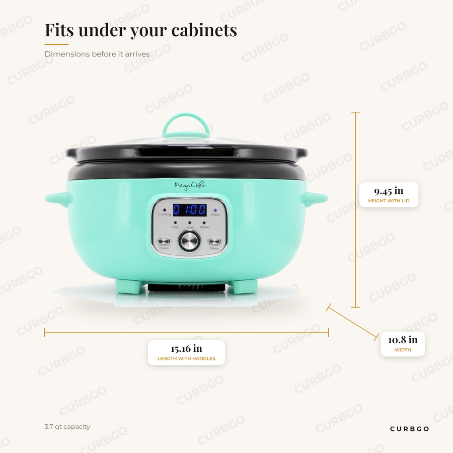 MegaChef Slow Cooker dimensions: 15.16 in length with handles, 9.45 in height with lid, 10.8 in width