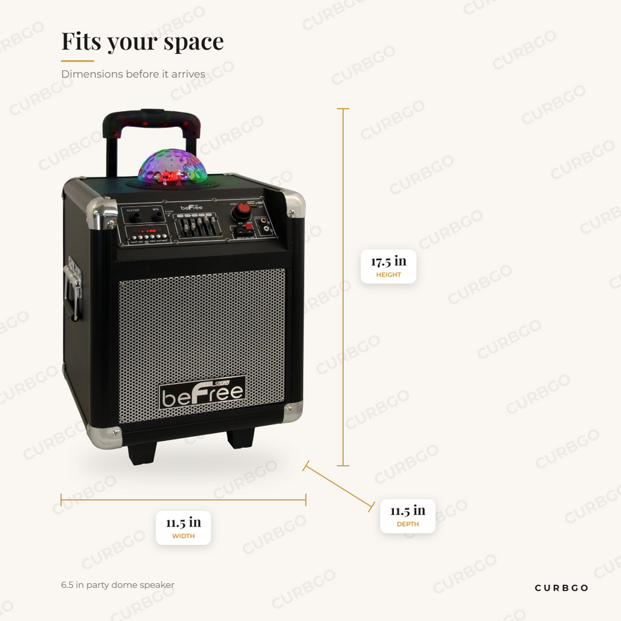 beFree BFS-3800 Light Dome dimensions: 11.5 in wide, 17.5 in tall, 11.5 in deep, 6.5 in party dome speaker