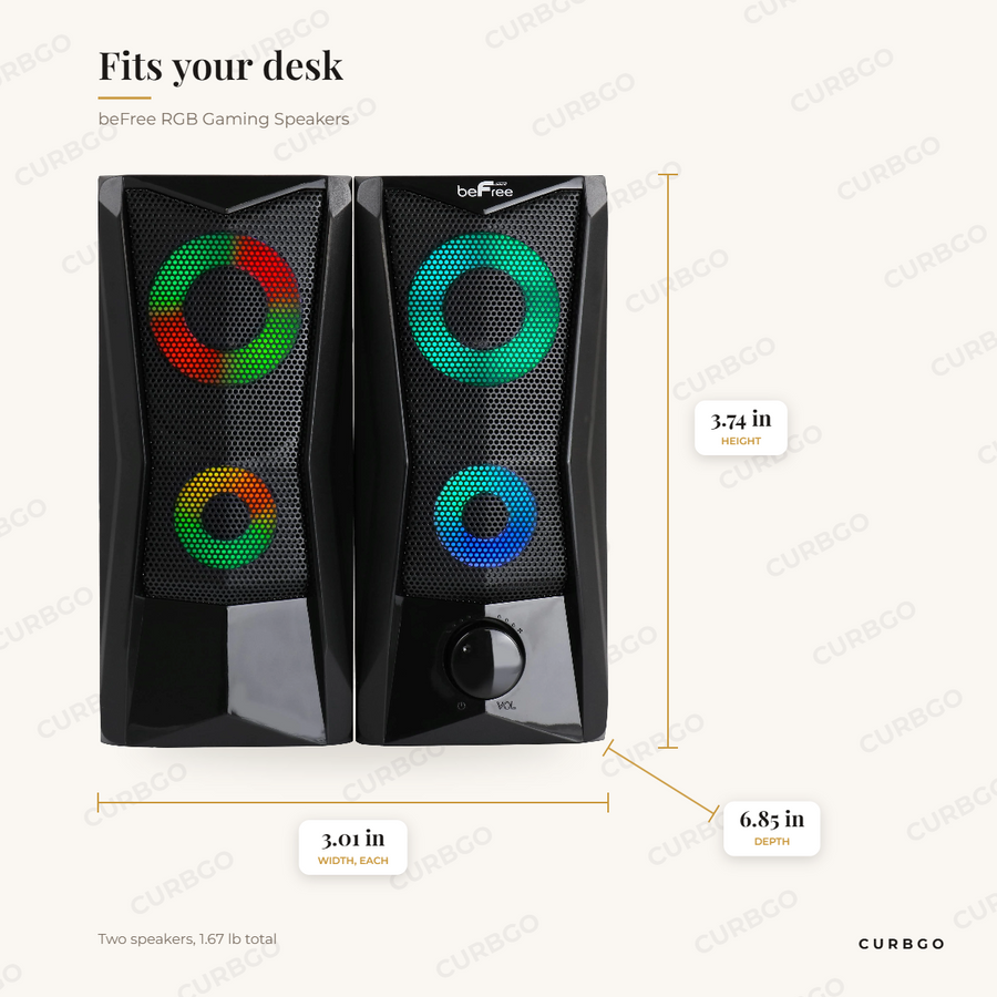 beFree RGB Gaming Speakers dimensions: 3.01 in wide, 3.74 in tall, 6.85 in deep per speaker