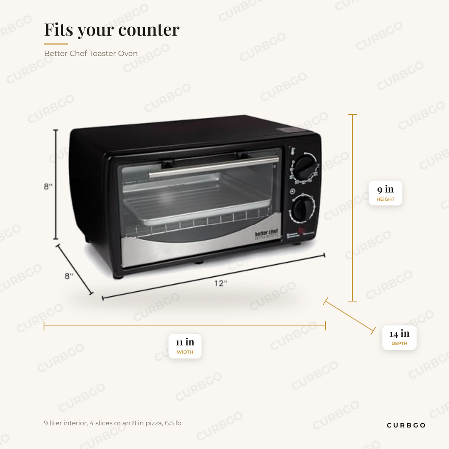 Better Chef Toaster Oven dimensions: 11 in wide, 9 in tall, 14 in deep, 9 liter capacity