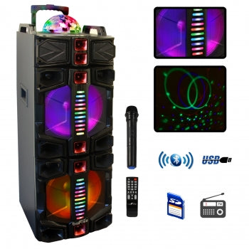 beFree Sound Dual 12 Inch Subwoofer Portable Bluetooth Party Speaker with LED Lights, USB/ SD Input, Rechargeable Battery, Remote Control and Wireless Microphone