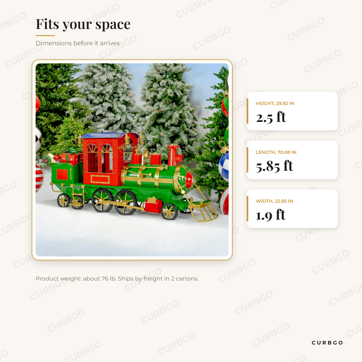 Blessed Bullet Christmas Train dimensions: 70.08 in L x 22.85 in W x 29.92 in H