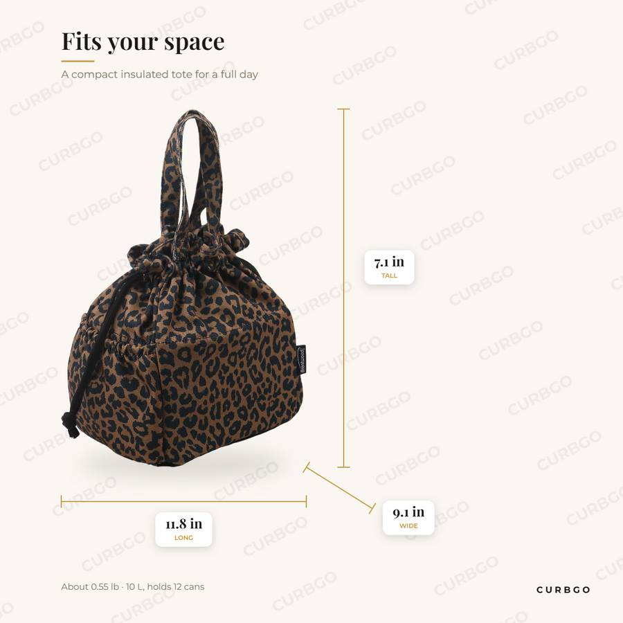 Brentwood CB-2025LBR leopard brown 10 liter insulated canvas lunch tote cooler bag dimensions: 11.8 in L x 9.1 in W x 7.1 in H, about 0.55 lb, holds 12 cans