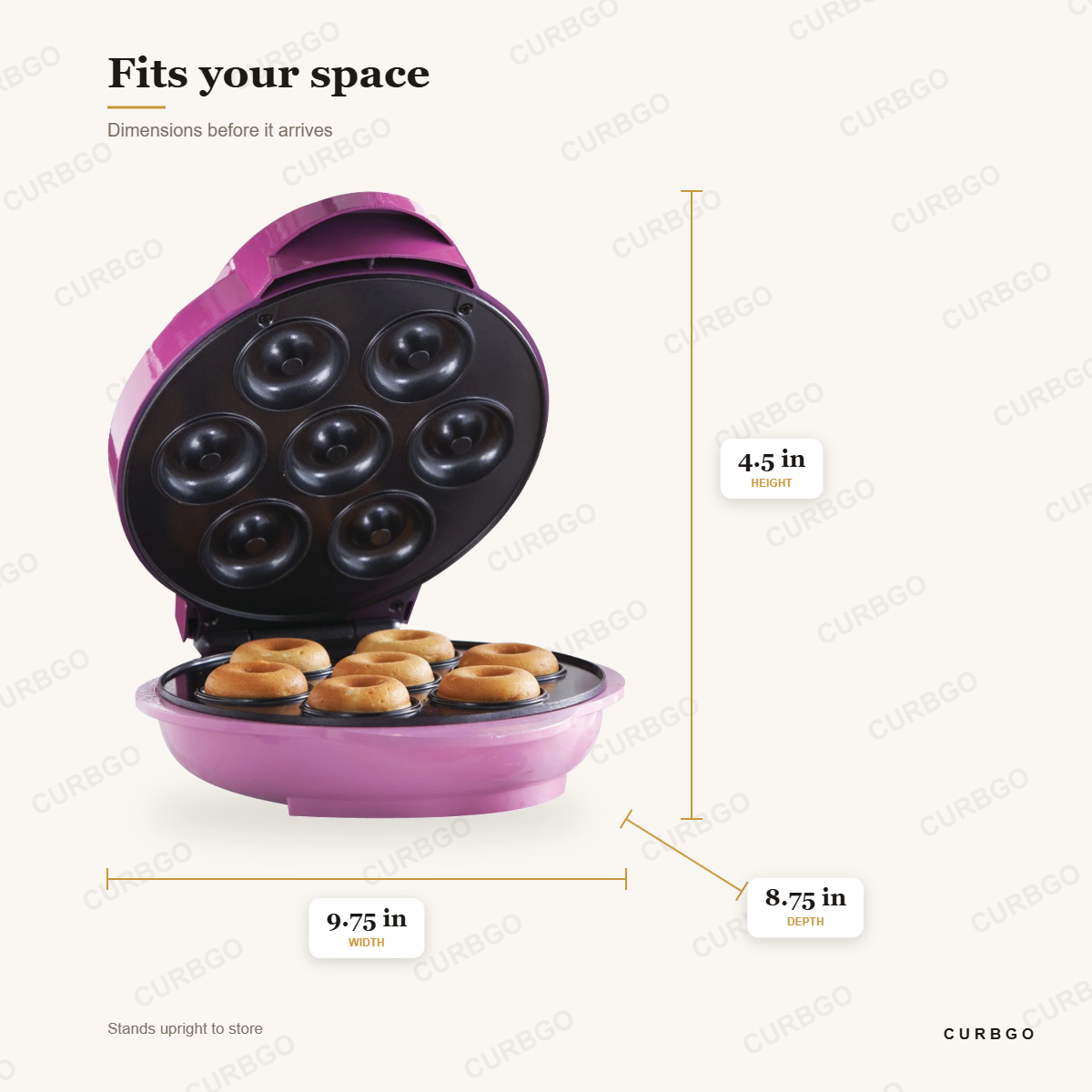 Brentwood TS-250 mini donut maker dimensions: 9.75 in wide, 8.75 in deep, 4.5 in tall