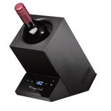 MegaChef electric single-bottle wine chiller in black holding a bottle of red wine