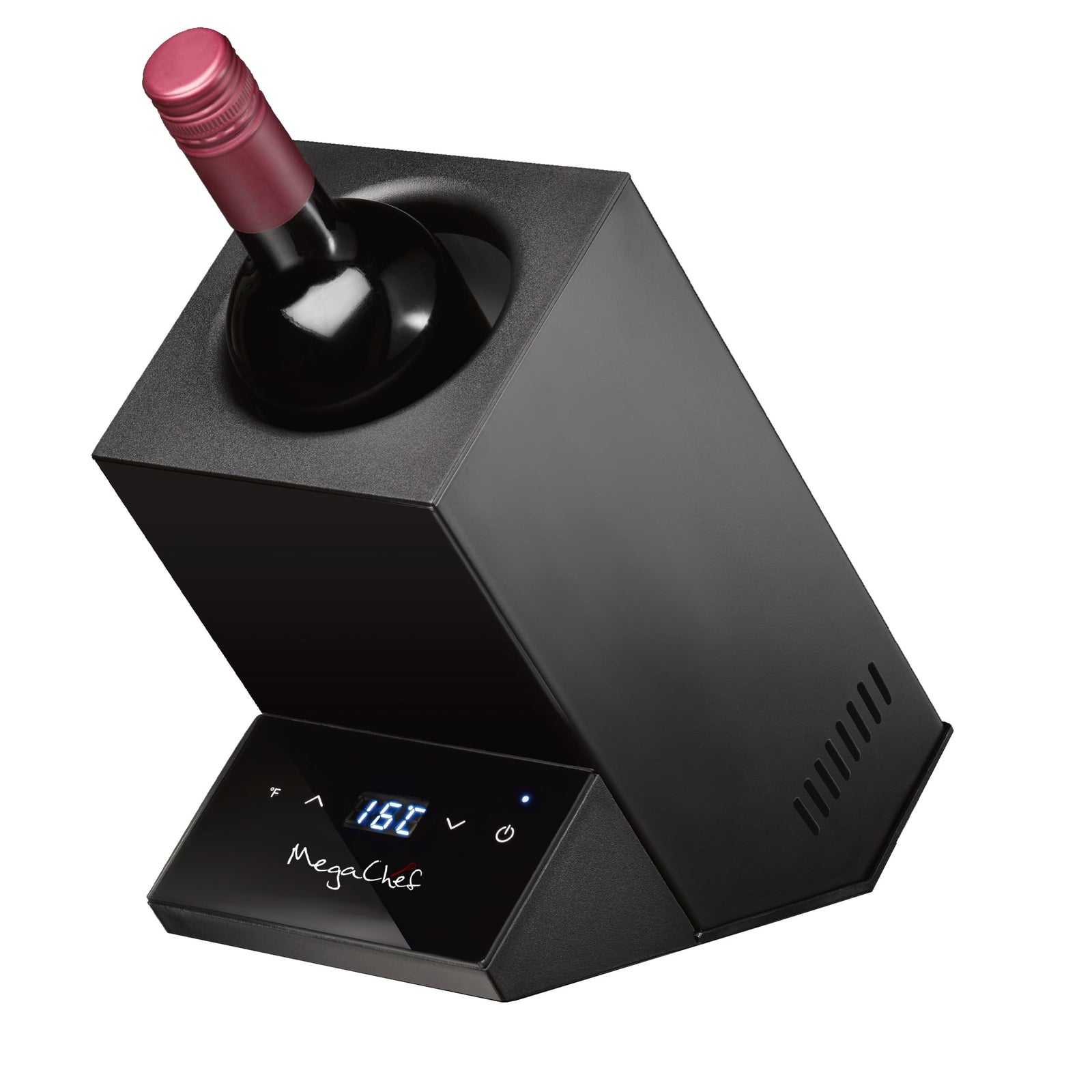 MegaChef electric single-bottle wine chiller in black holding a bottle of red wine