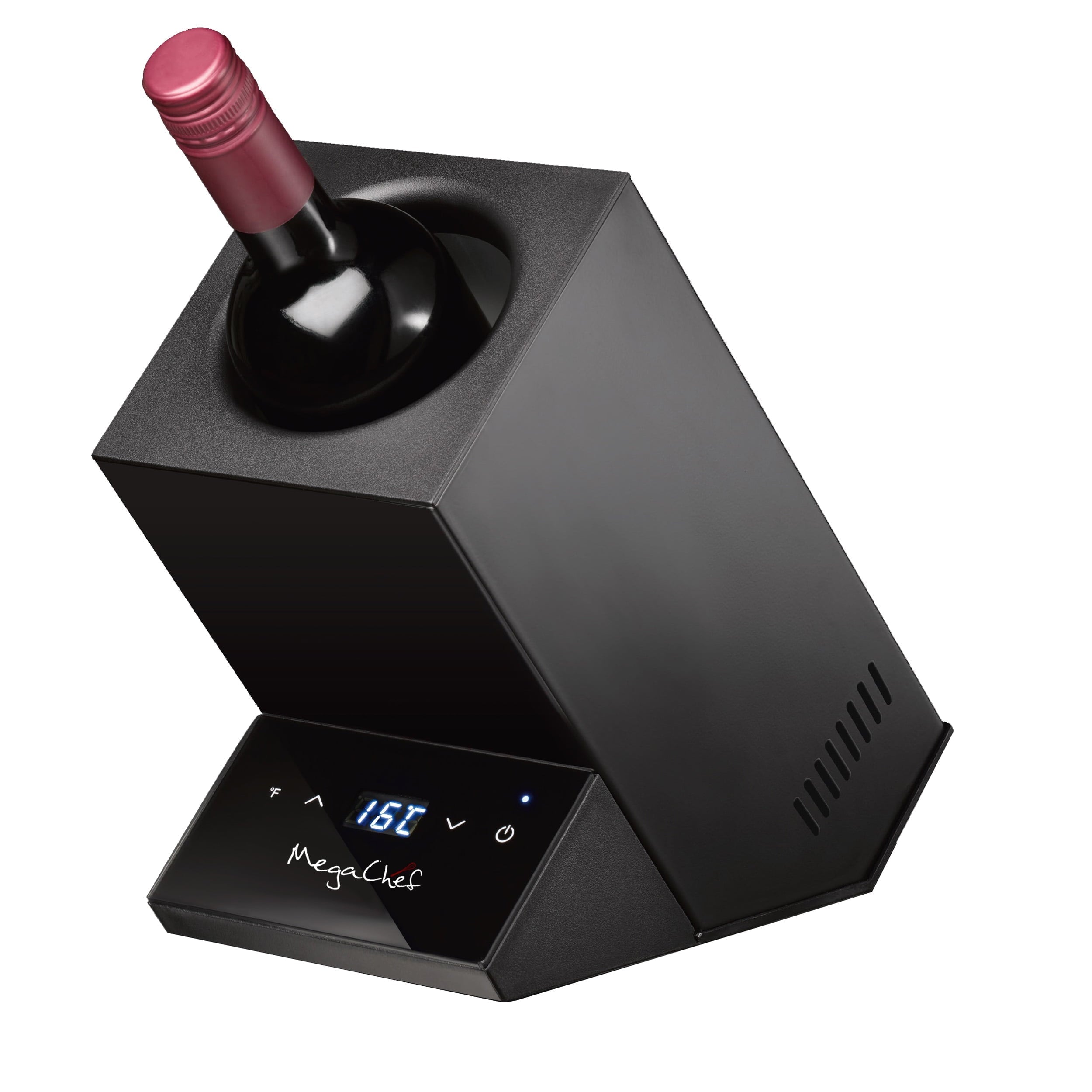 MegaChef electric single-bottle wine chiller in black holding a bottle of red wine