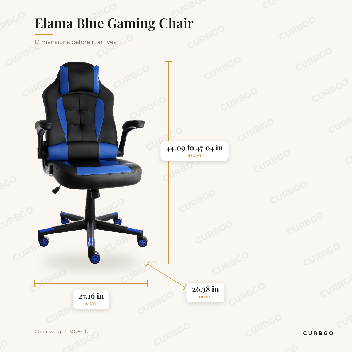 Elama Blue Gaming Chair dimensions: 27.16 in W x 26.38 in D x 44.09 to 47.04 in H