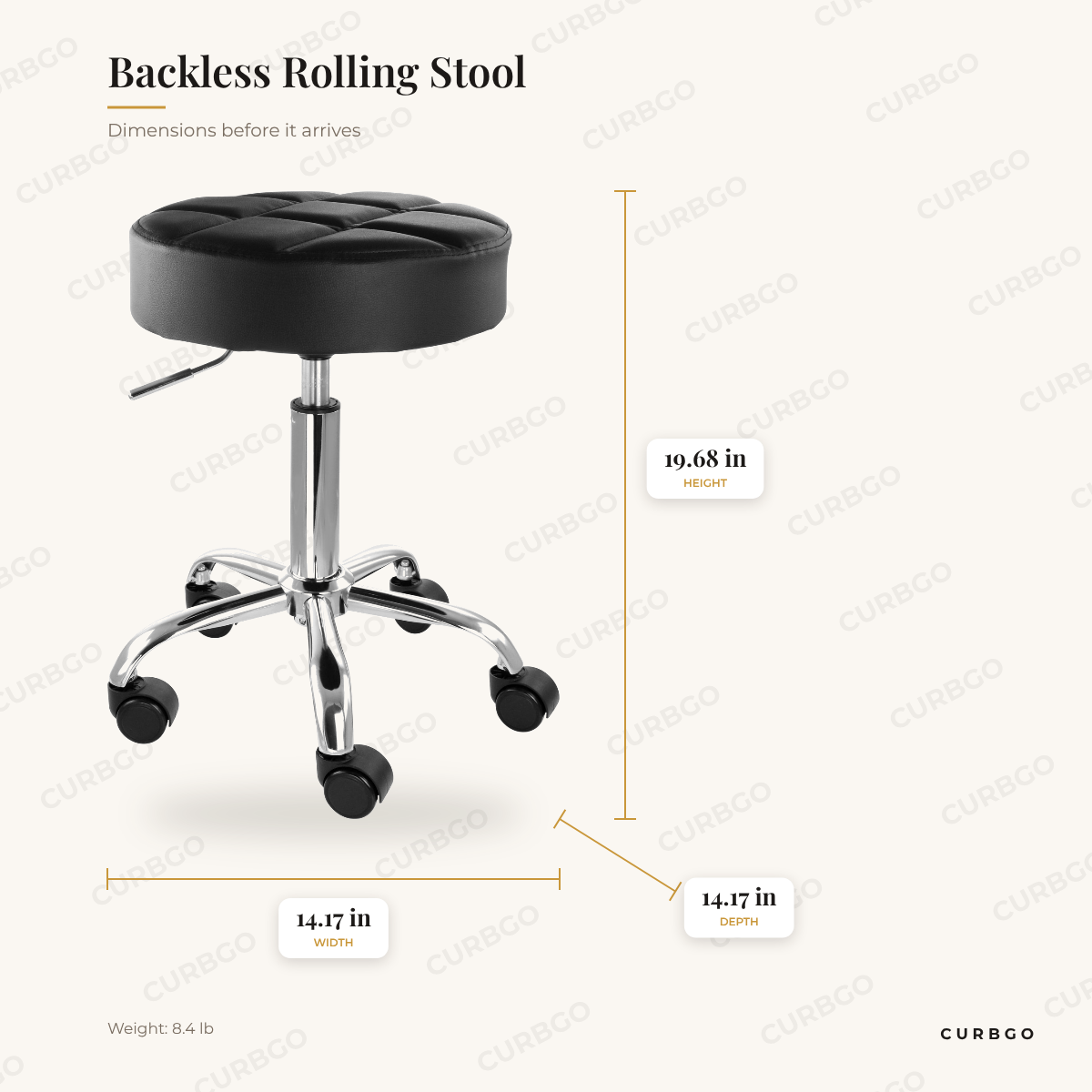 Backless Rolling Stool dimensions: 14.17 in W x 14.17 in D x 19.68 in H