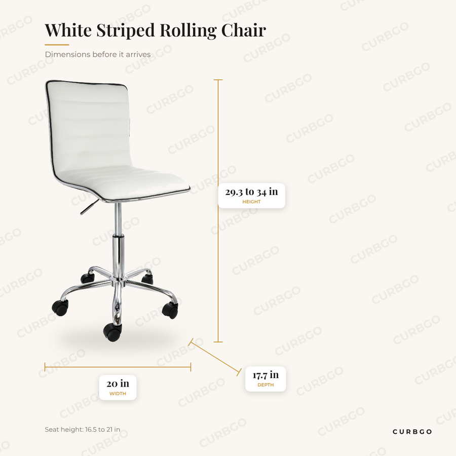 White Striped Rolling Chair dimensions: 20 in W x 17.7 in D x 29.3 to 34 in H