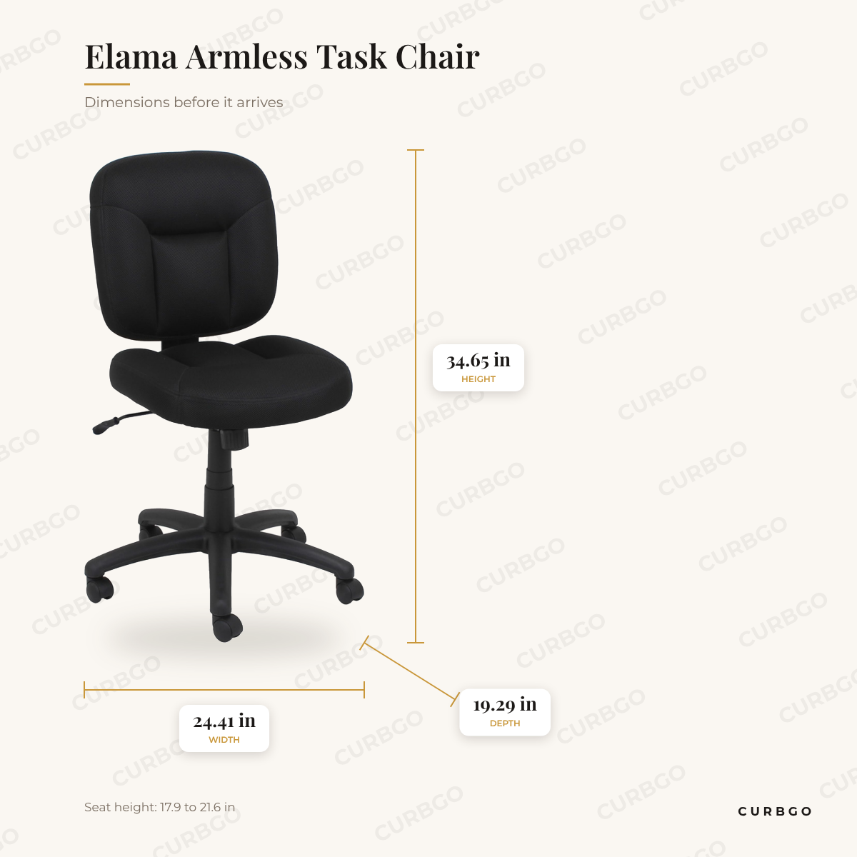 Elama Armless Task Chair dimensions: 24.41 in W x 19.29 in D x 34.65 in H