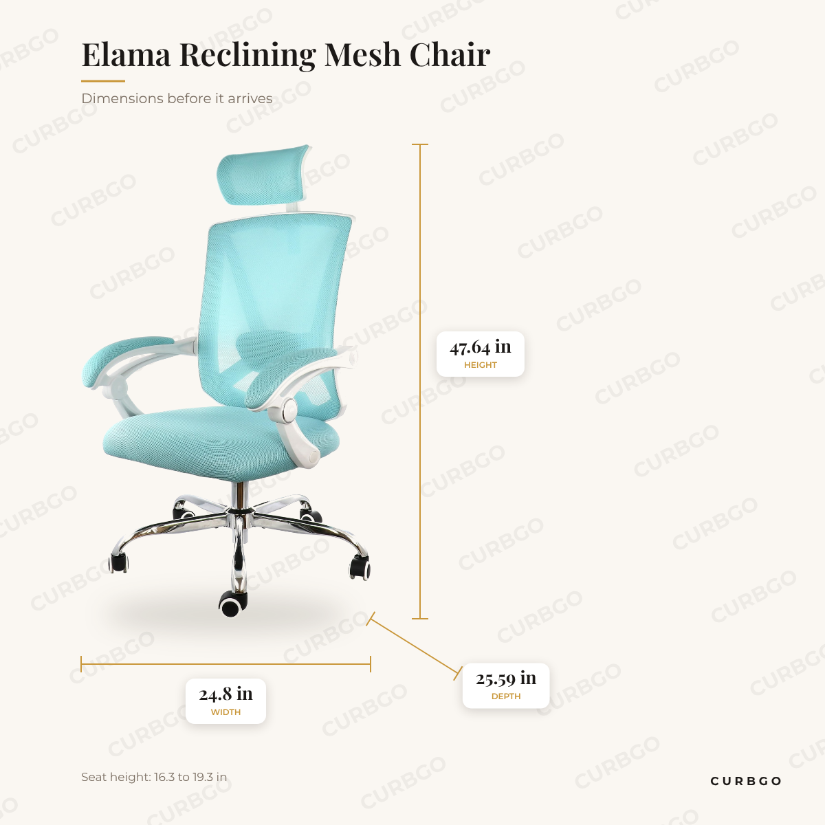 Elama Reclining Mesh Chair dimensions: 24.8 in W x 25.59 in D x 47.64 in H